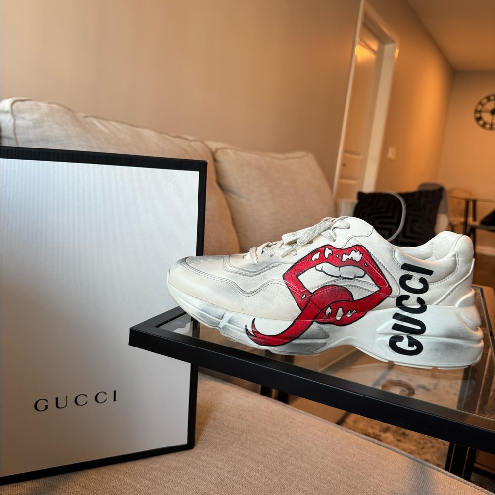 Men’s Gucci Rhyton printed distressed leather Sneakers